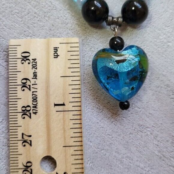 Art Glass Heart Pendant on Turquoise Colored Glass Beaded 28" Necklace - Picture 4 of 4
